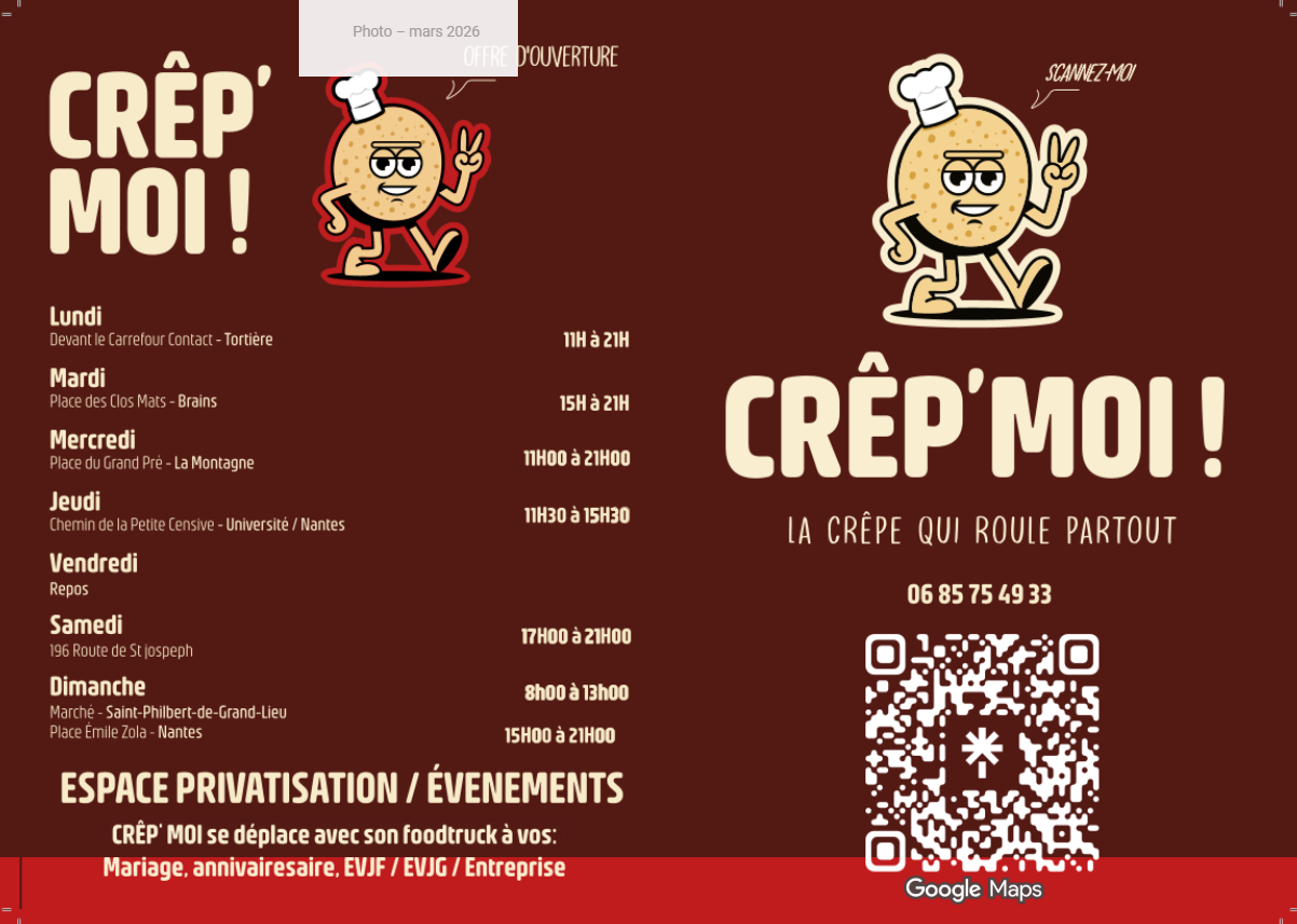 Le menu du food truck Crêp'Moi : galettes, crêpes, horaires et emplacements de la semaine